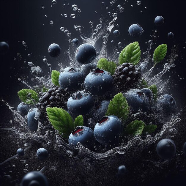 Water spetterend verpletterend op verse Bilberry Black gradiënt achtergronden