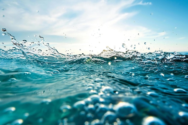 Water spettert op het oppervlak van de zee met een blauwe achtergrond