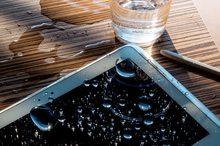 Photo water spilled onto the tablet drops of water on the tablet screen