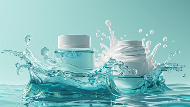 Foto water splash achtergrond mockup banner met cosmetica pot en buis op parelblauwe verpakking natuurlijke hydraterende cosmetische huidverzorging in realistisch 3d modern formaat