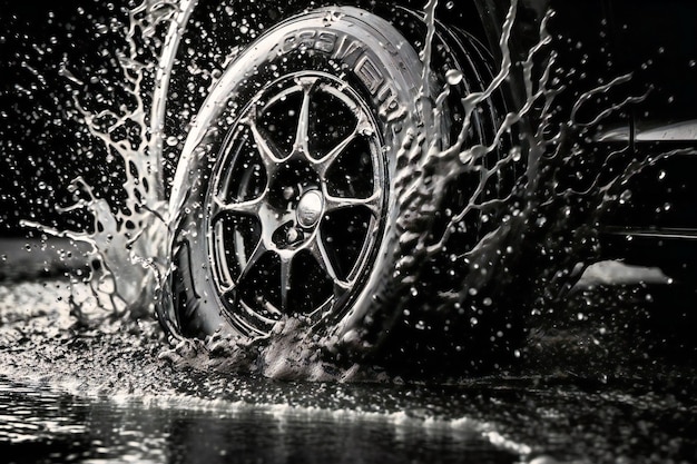 Photo a water splash against the tire of a car