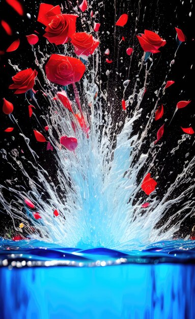 Photo water splash in aqua scene with colorful roses abstract inspirational image