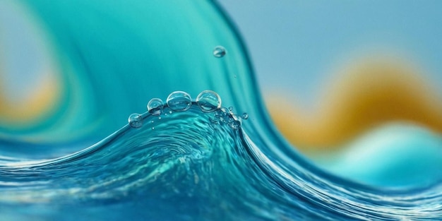 Foto spruzzo d'acqua da vicino sfondo astratto blu e giallo con gocce d'acqua