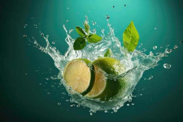 Water splash on color background with lime slices mint leaves and ice cubes AI generated