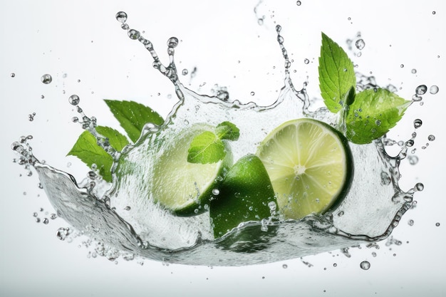 Water splash on color background with lime slices mint leaves and ice cubes AI generated