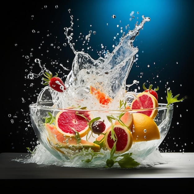 Water splash flying through the air food photography