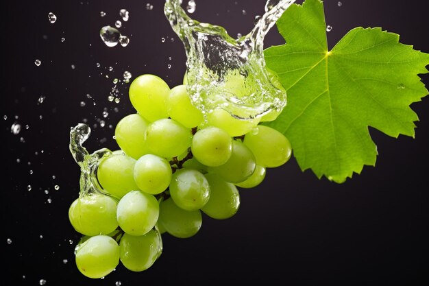 Water splash on fresh grape with leaves isolated on green background premium