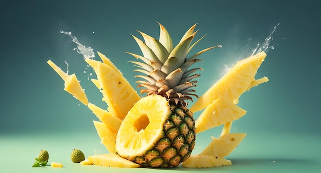 water splash on fresh pineapple with leaves isolated on beautiful background