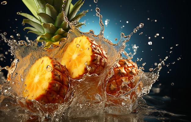 Water Splash on Fresh Pineapple with Leaves