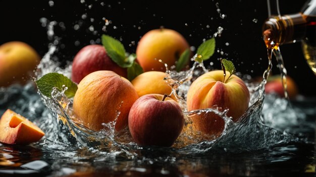 water splash fruit on a black background wine apricot and peach apple