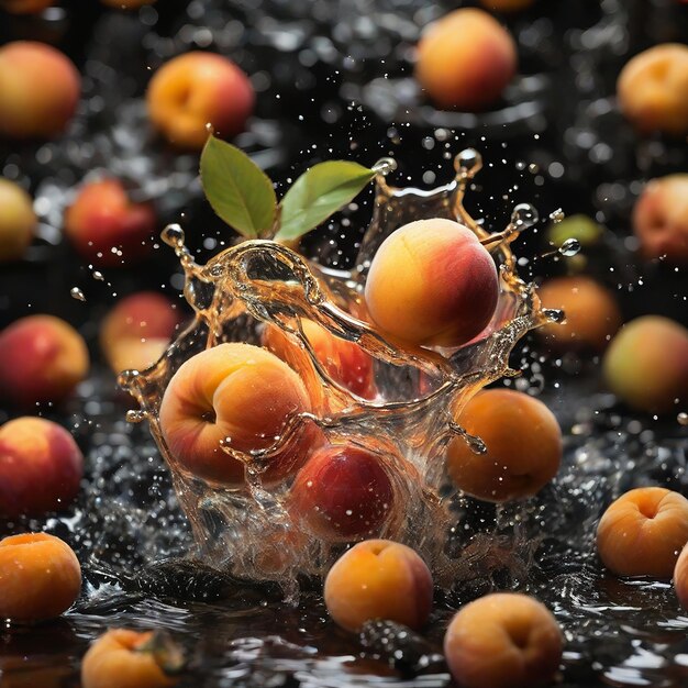 Frutta spruzzata d'acqua su uno sfondo nero vino albicocca e mela di pesca