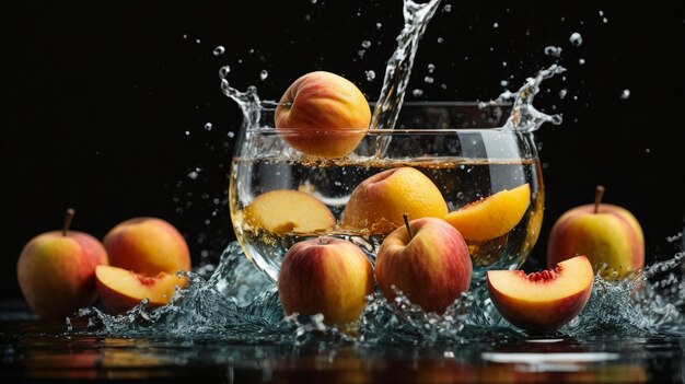 water splash fruit op een zwarte achtergrond wijn abrikoz en perzik appel