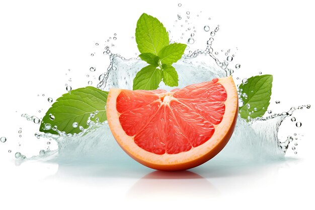 Water splash on grapefruit with mint isolated on white