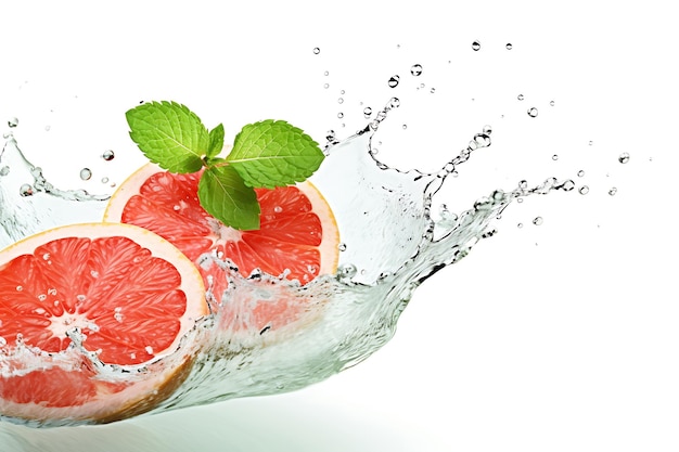 Photo water splash on grapefruit with mint isolated on white