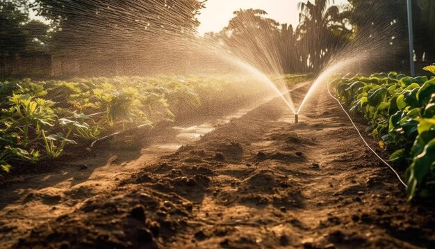 Water splash spray at the vegetable field crop or garden soil could be from hose or garden sprinkler Watering the plant at the garden backyard or vegetable crop