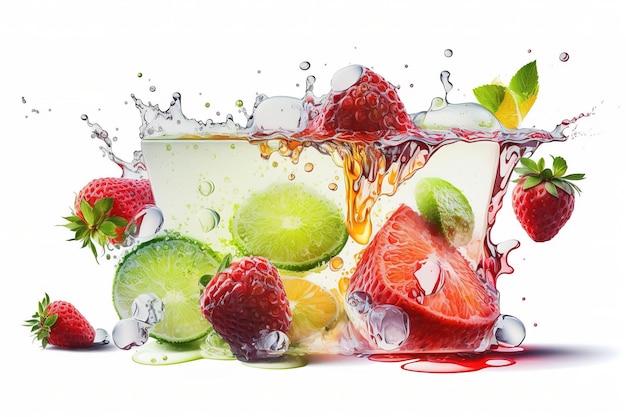 Water splash on white background with fruit slices mint leaves and ice cubes as a concept for summer Generative AI