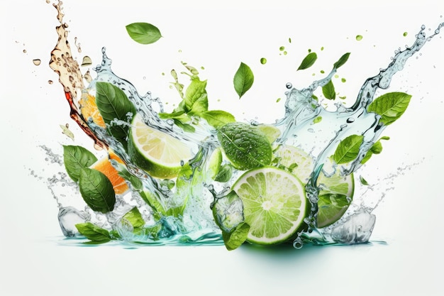 Water splash on white background with lime slices mint leaves and ice cubes as a concept for summertime libations