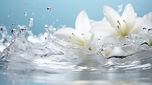 Foto spruzzo d'acqua e fiore bianco su sfondo blu concetto di spa close-up di spruzzo di acqua pulita