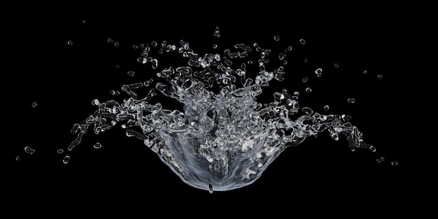 Water Splash with droplets on black background 3d illustration