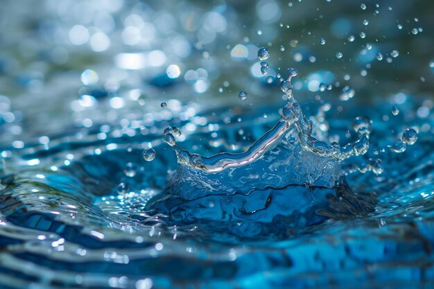 Water splash with drops on a blue