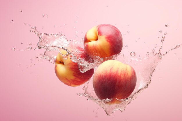 Фото Водяной брызг с свежими персиками на розовом фоне