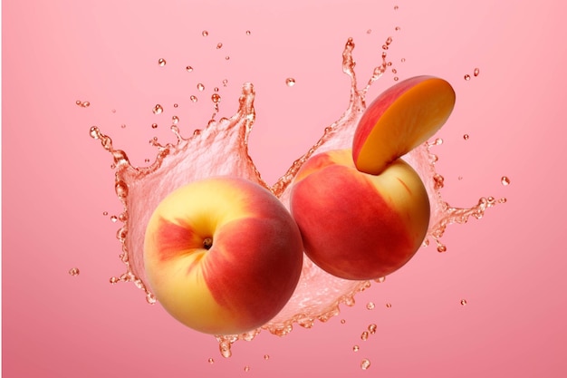 Water splash with fresh peaches on pink background 3d render