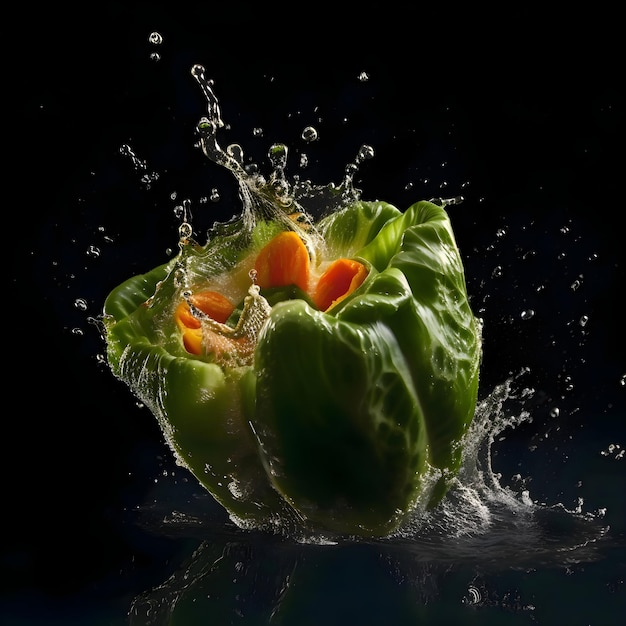 Water splash with fresh vegetables isolated on black background Red bell pepper and green lettuce