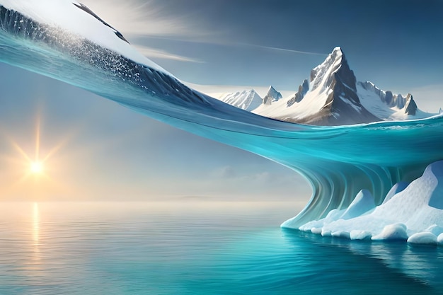 A water splash with mountains in the background