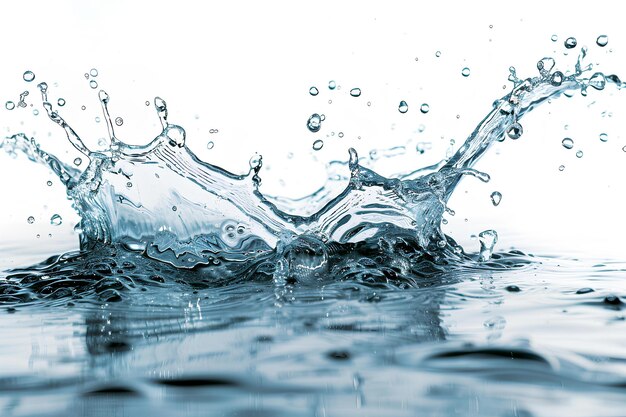 A water splash with a white background and a blue background with water droplets and a white