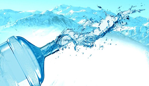 Foto spruzzi d'acqua da bottiglia d'acqua di plastica con ondulazione e riflessione illustrazione 3d