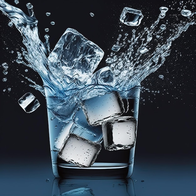 Water splashes and ice cubes in a glass Generative AI generative AI