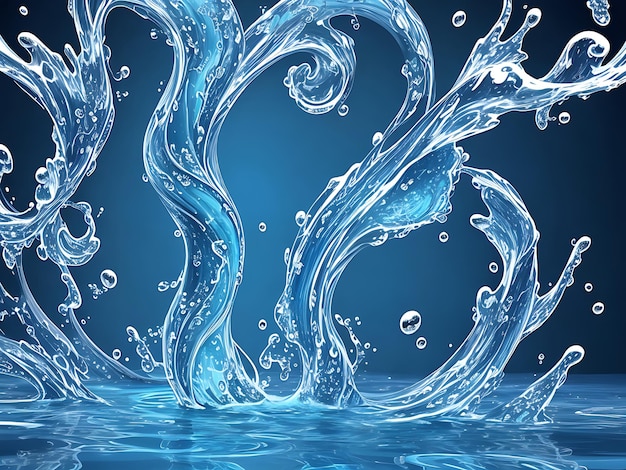 Water Splashes of Realistic Blue Liquid Waves with Swirls and Drops and Set of Clear Aqua Fluid