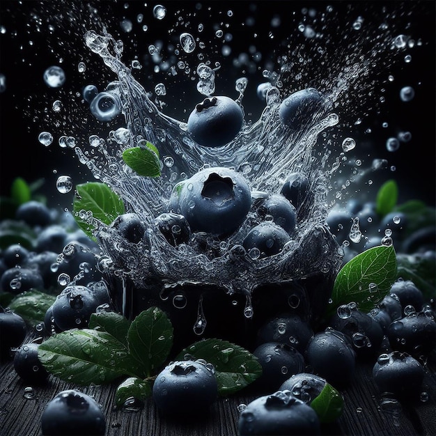 Water splashing crushing on fresh Bilberry Black gradient backgrounds