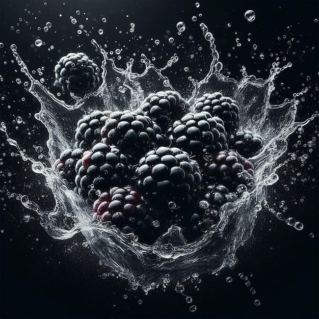 Water splashing crushing on fresh Blackberry Black gradient background