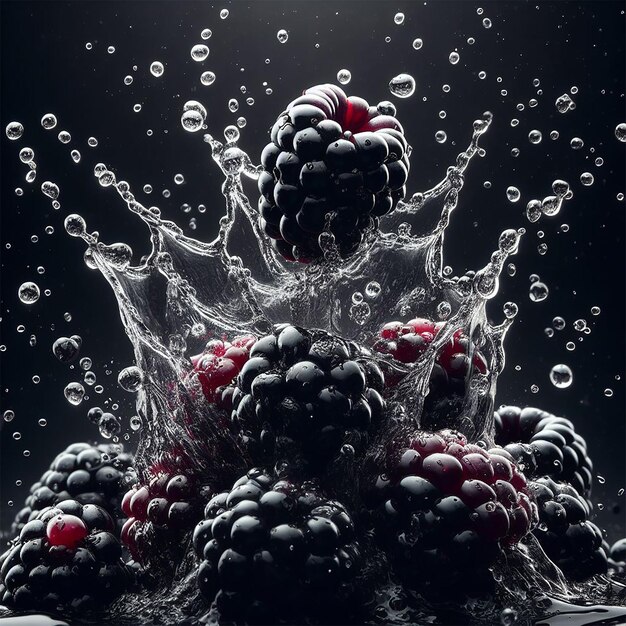 Photo water splashing crushing on fresh blackberry black gradient background