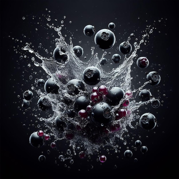 Water splashing crushing on fresh Blackcurrant Black gradient background