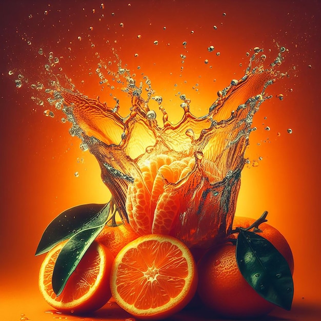 Water splashing crushing on fresh Clementine orange gradient backgrounds