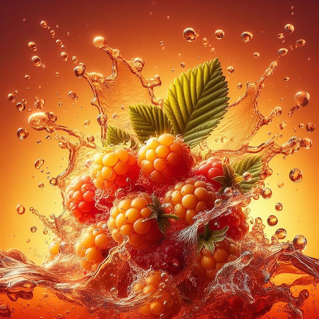 Water splashing crushing on fresh Cloudberry orange gradient backgrounds