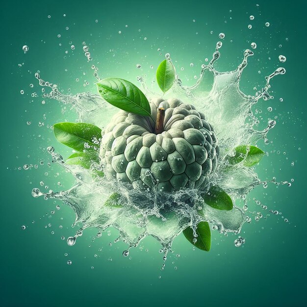 Water splashing crushing on fresh Custard Apple green gradient backgrounds