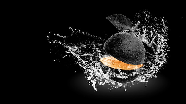 Water Splashing on Fresh Black lemon isolated on black background