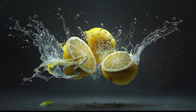 Water splashing on fresh juice lemons fruit AI Generated