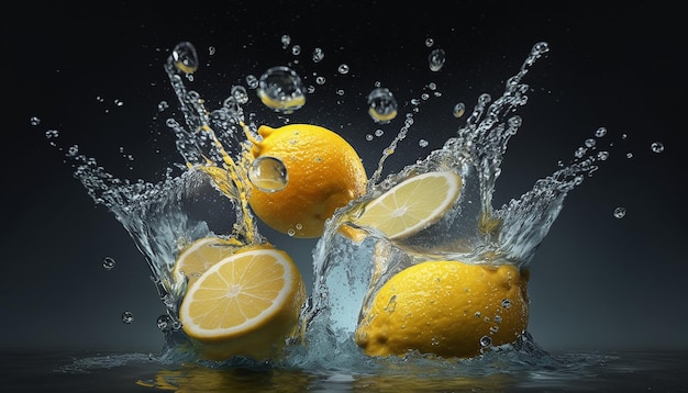 Water splashing on fresh juice lemons fruit AI Generated