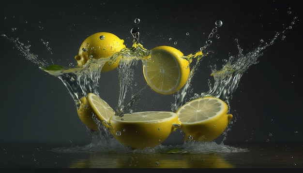 Water splashing on fresh juice lemons fruit AI Generated