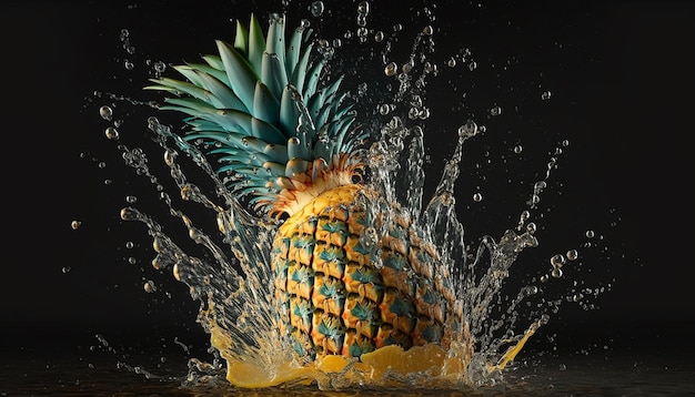 Брызги воды на свежем ананасе, тропические фрукты, сгенерированные AI