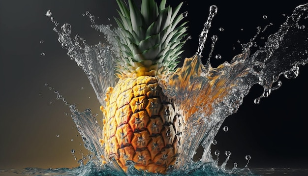 Water splashing on fresh pineapple tropical fruit AI Generated