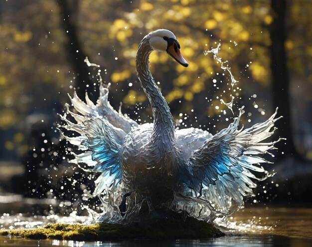 a water splashing sculpture in the shape of a swan