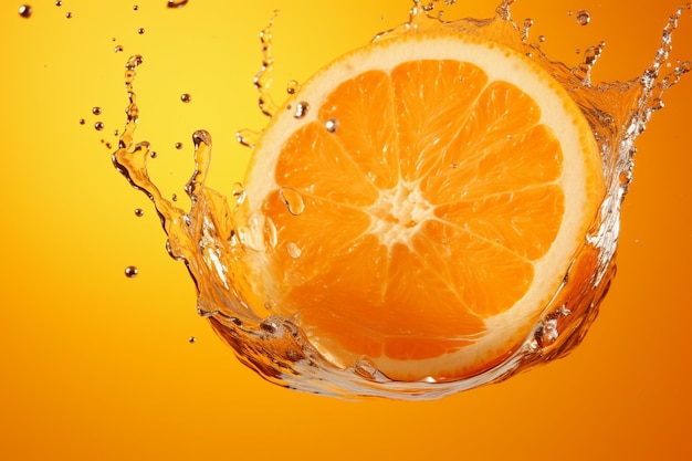 Water splashing on sliced orange on an orange background