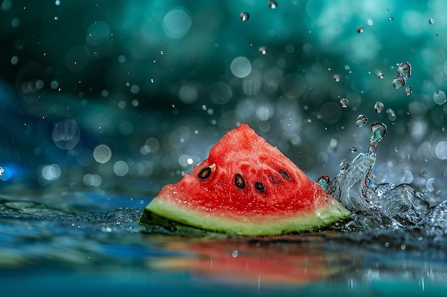 Water splashing on sliced of watermelon on green background