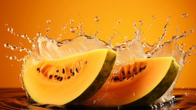 Water splashing on whole and slice of Papaya