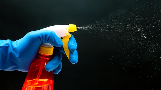 Water sprayer bottle in a hand with gloves on a dark background\
with liquid spray household items for home